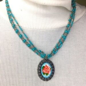 Vintage turquoise beaded painted rose pendant necklace multi strand 19”